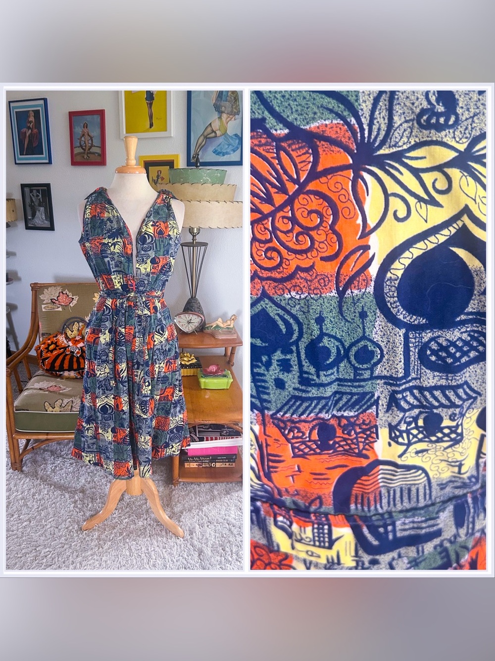 Vintage 1950s Dress | Tropical | Tiki Print | M | 50s | Pinup